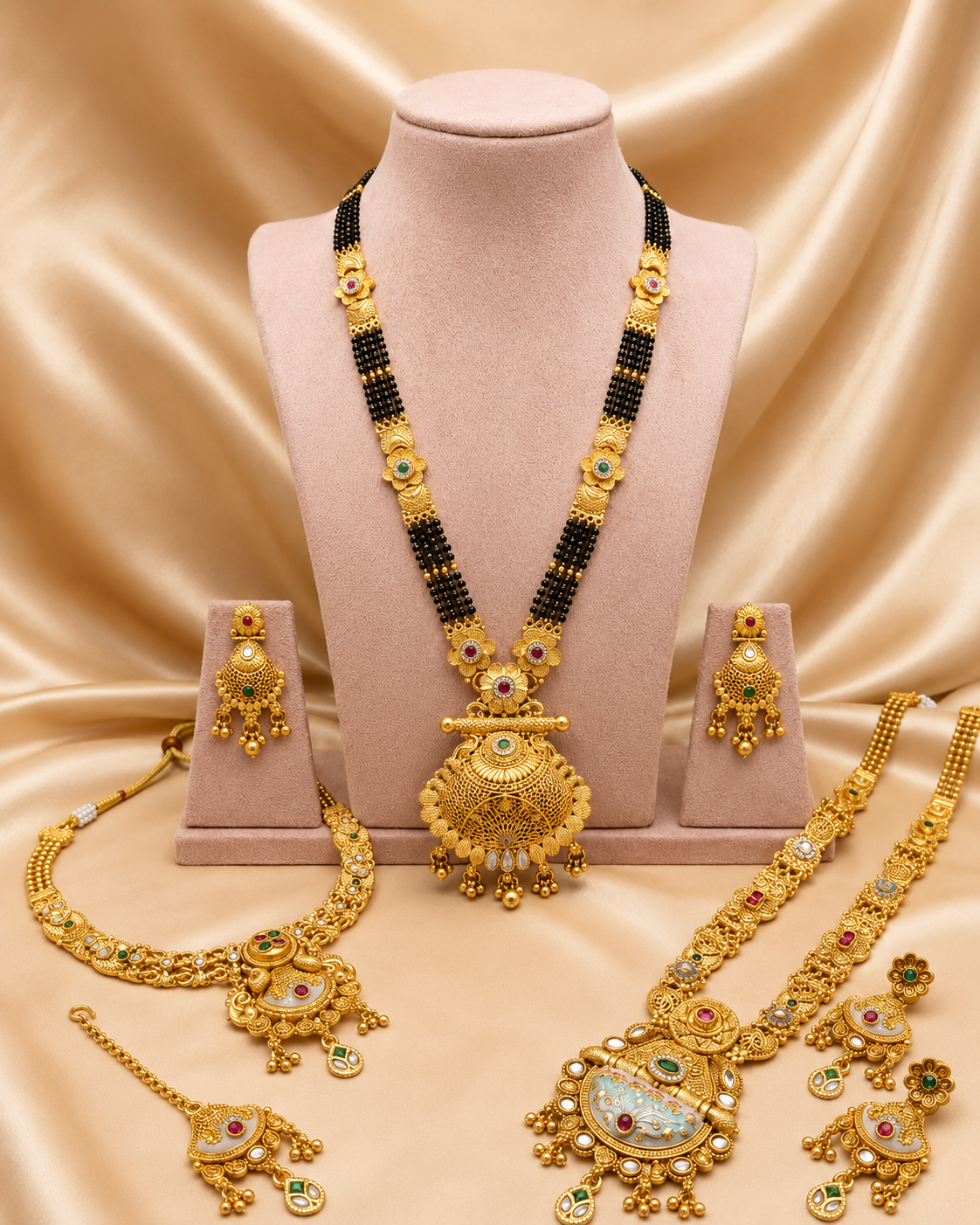 Rajwadi Gold Finish Combo Jewellery Set with Earrings & Maang Tika