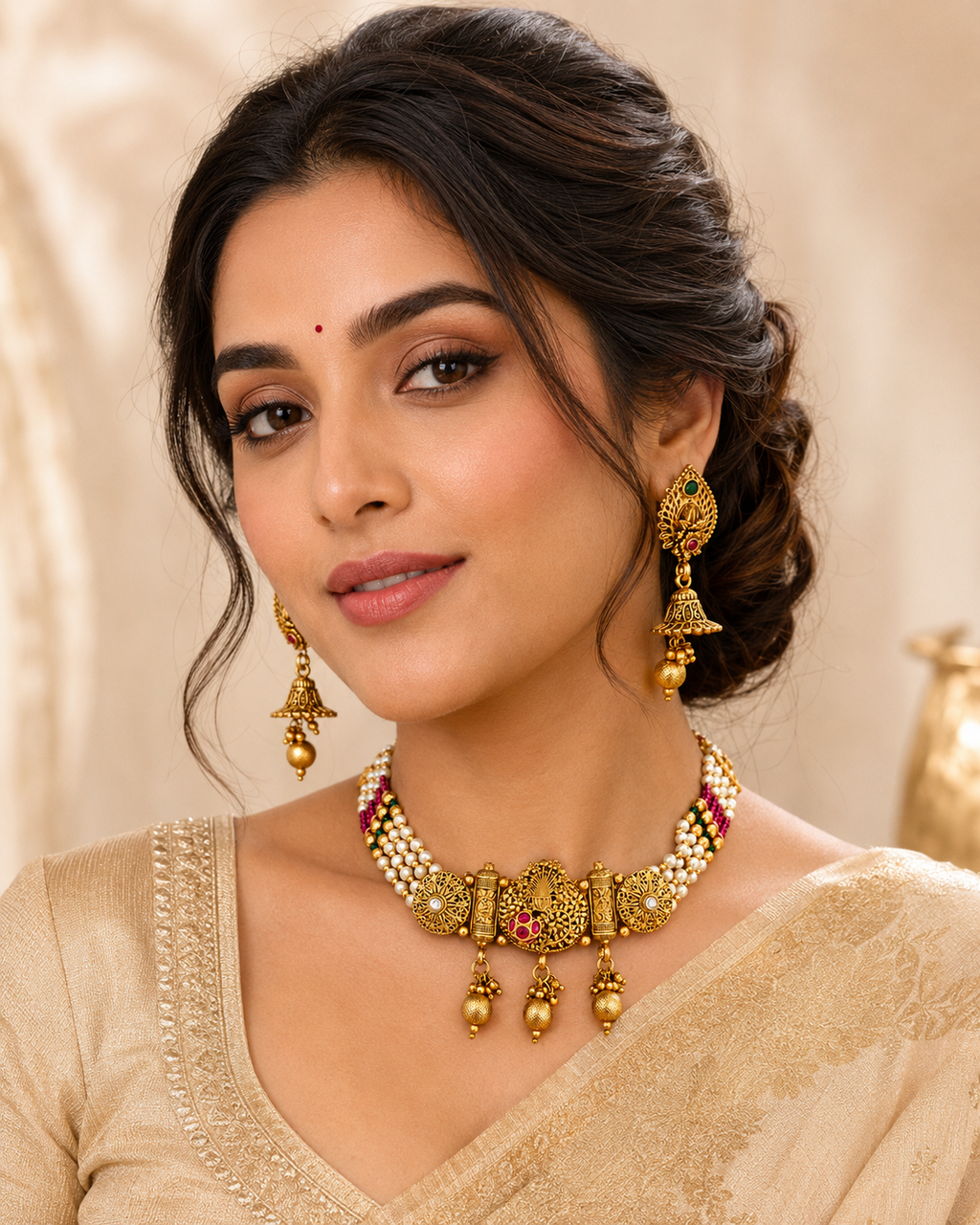 High Gold Moti Choker Set with Earrings