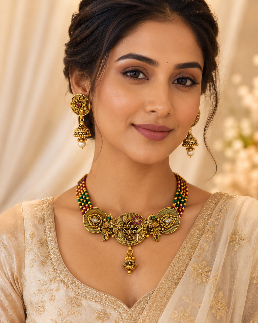 High Gold Moti Choker Set with Earrings
