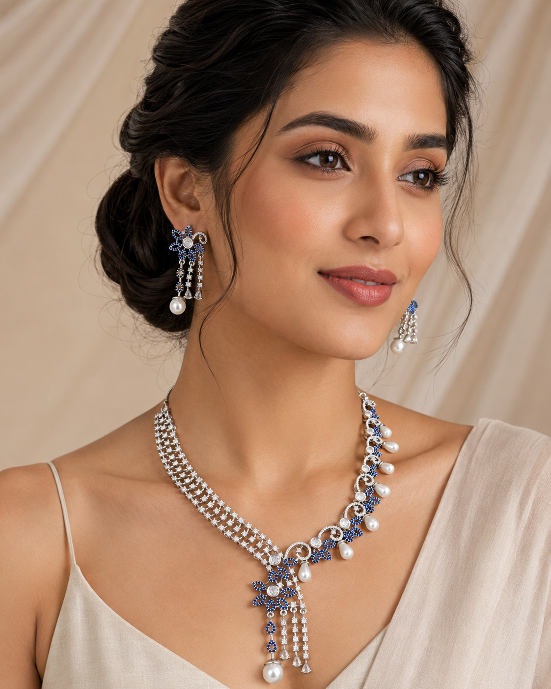Silver Finished Diamond Necklace with Earrings
