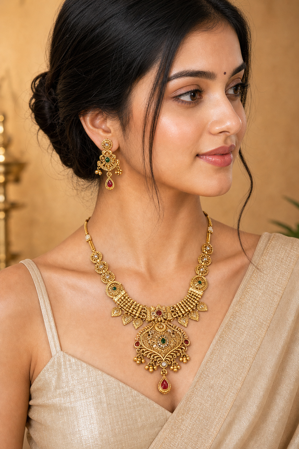 Antique Gold Finish Short Necklace set with Earrings