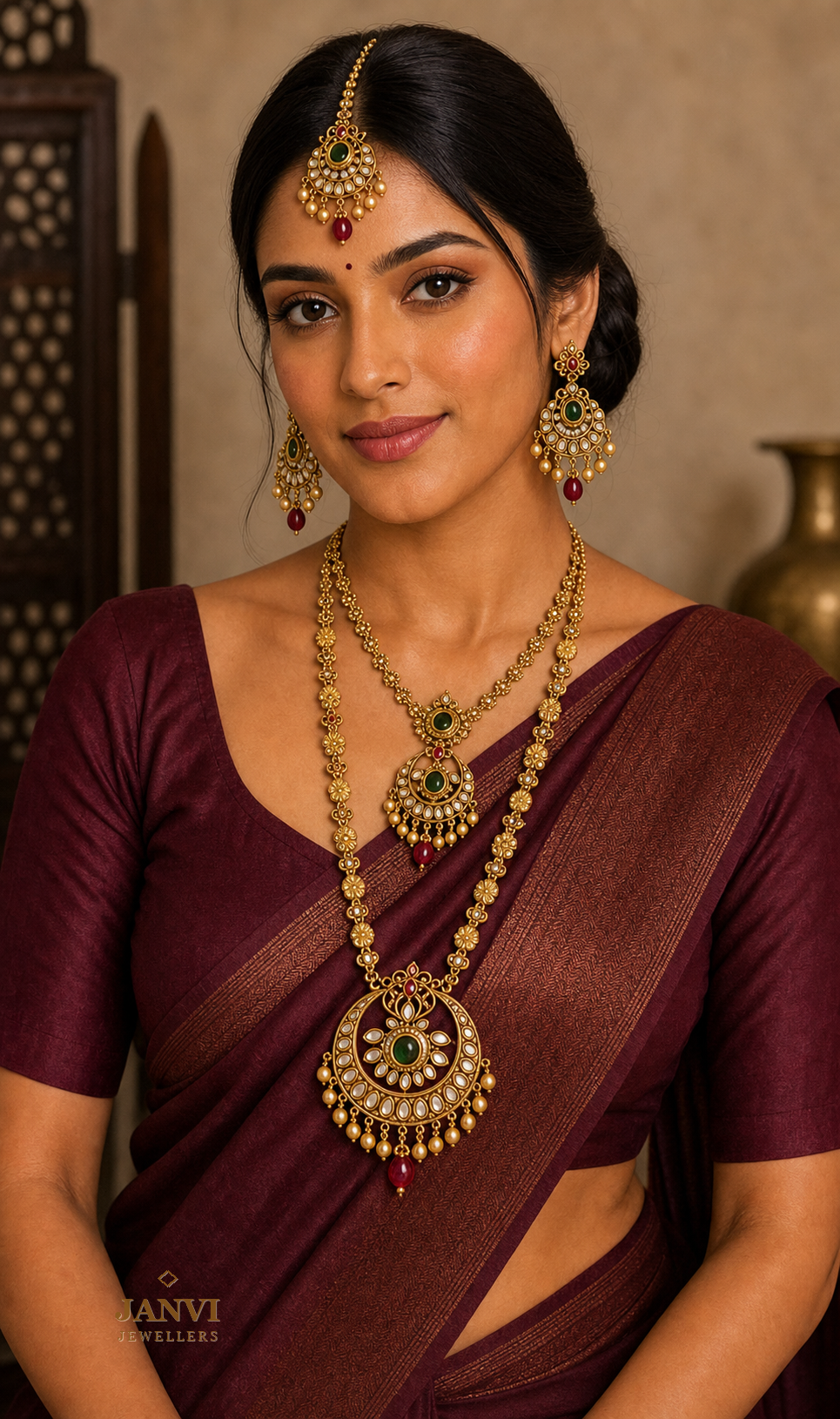Antique Gold Finish Bridal Combo Jewellery Set with Earrings and Maang Teeka