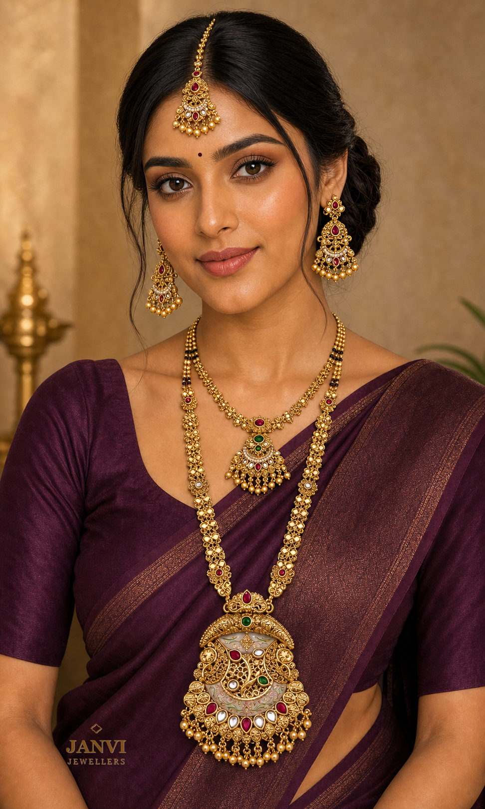Antique Gold Finish Bridal Combo Jewellery Set with Earrings and Maang Teeka