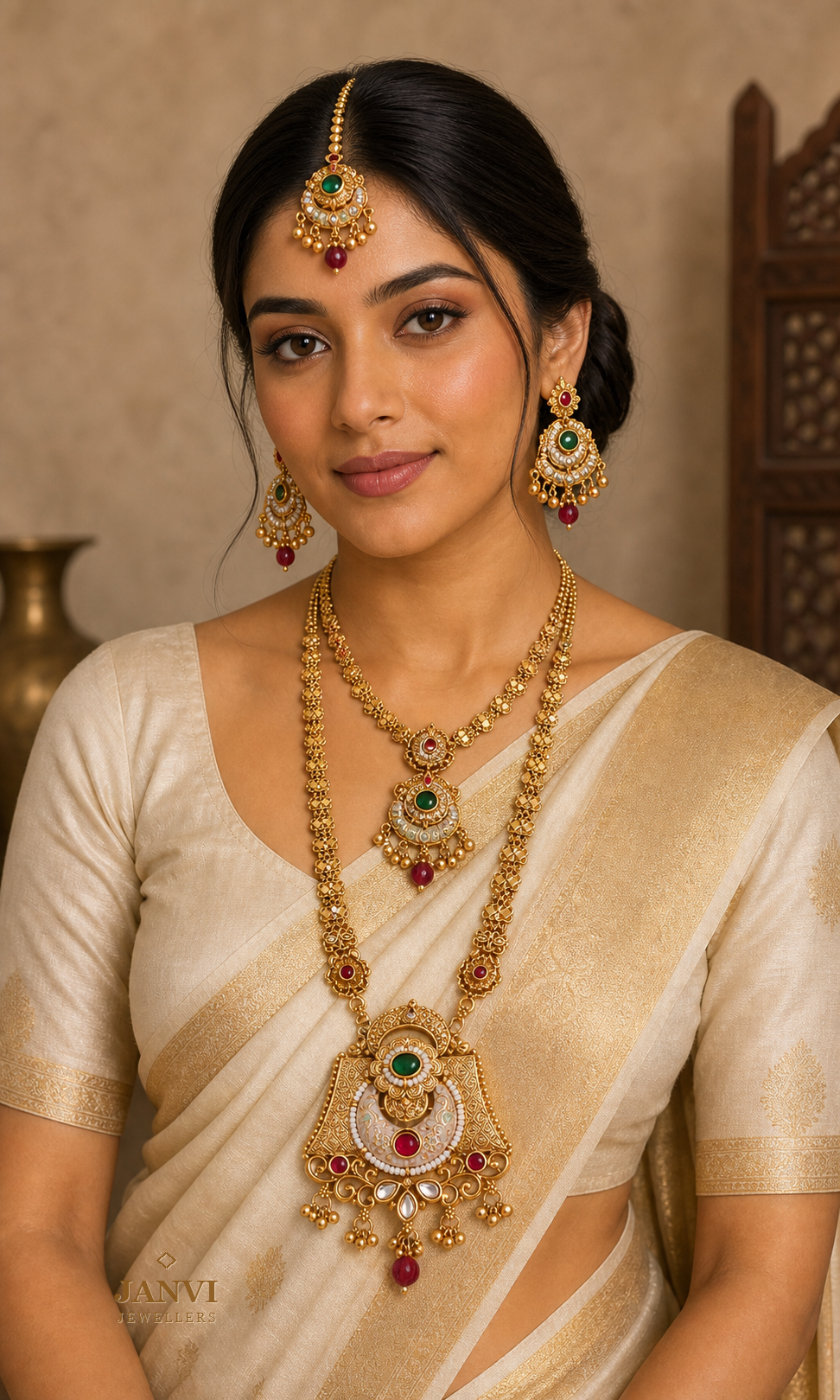 Antique Gold Finish Bridal Combo Jewellery Set with Earrings and Maang Teeka