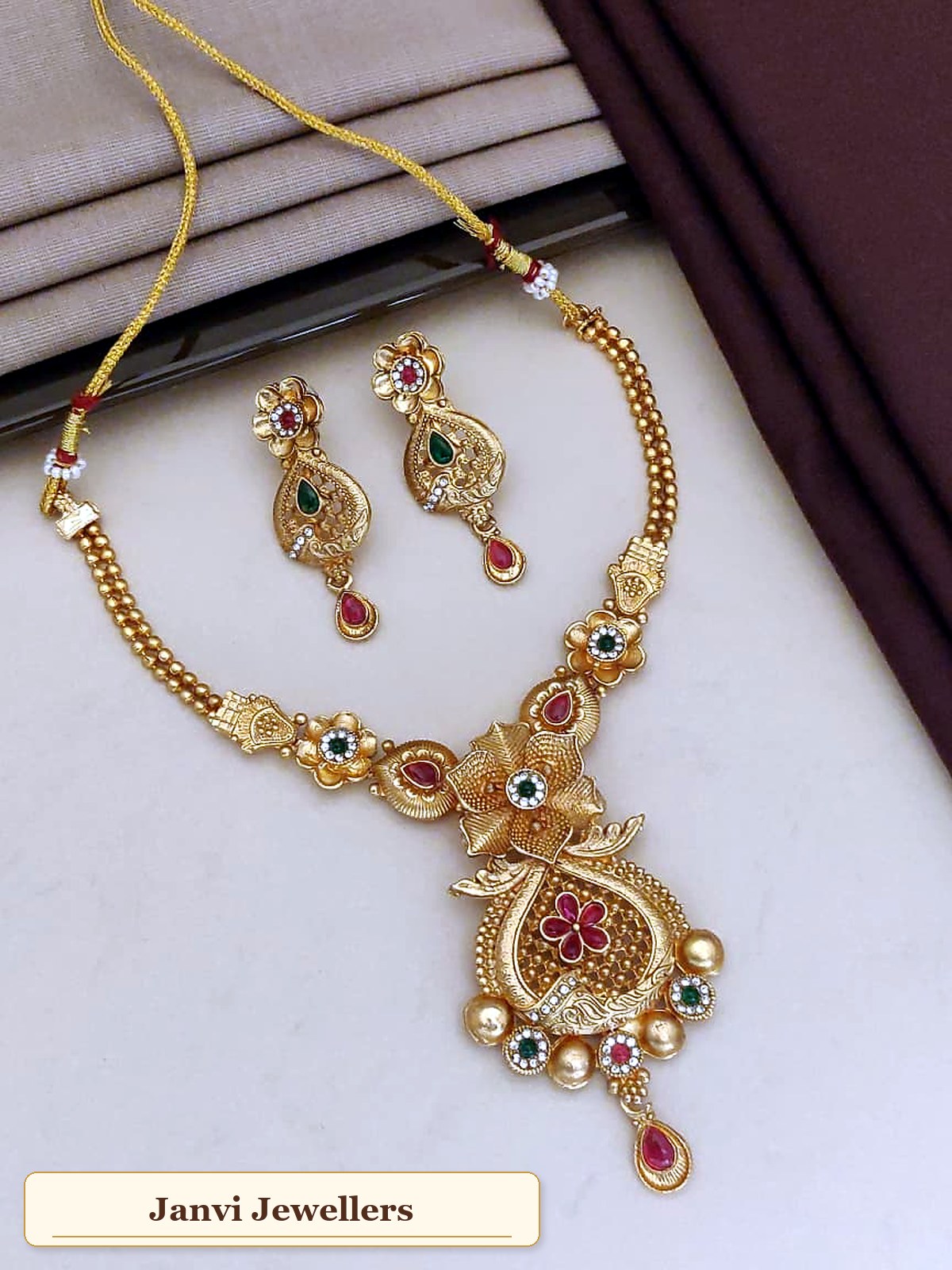 Antique Gold Finish Short Necklace set with Earrings