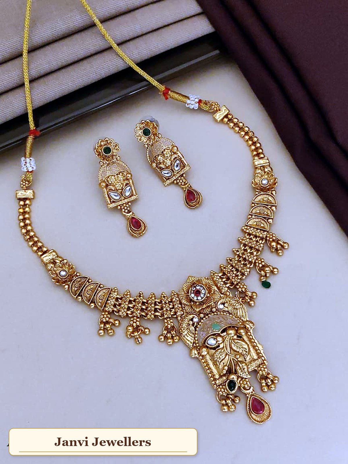 Antique Gold Finish Short Necklace set with Earrings