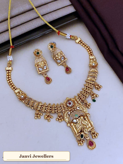 Antique Gold Finish Short Necklace set with Earrings