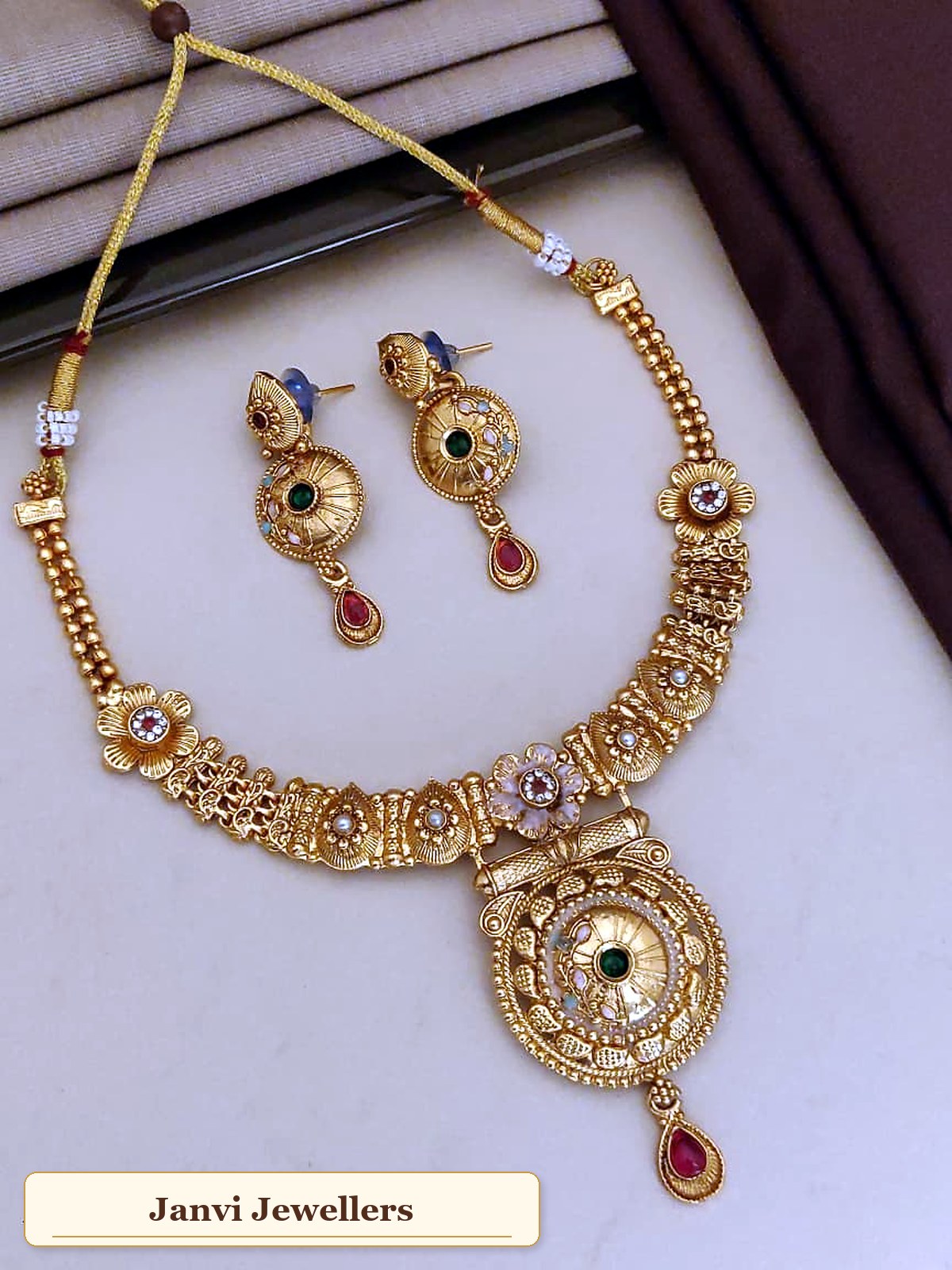 Antique Gold Finish Short Necklace set with Earrings