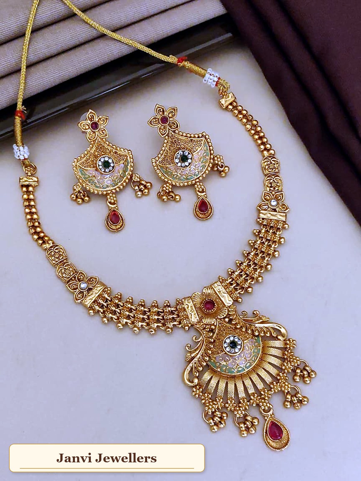Antique Gold Finish Short Necklace set with Earrings