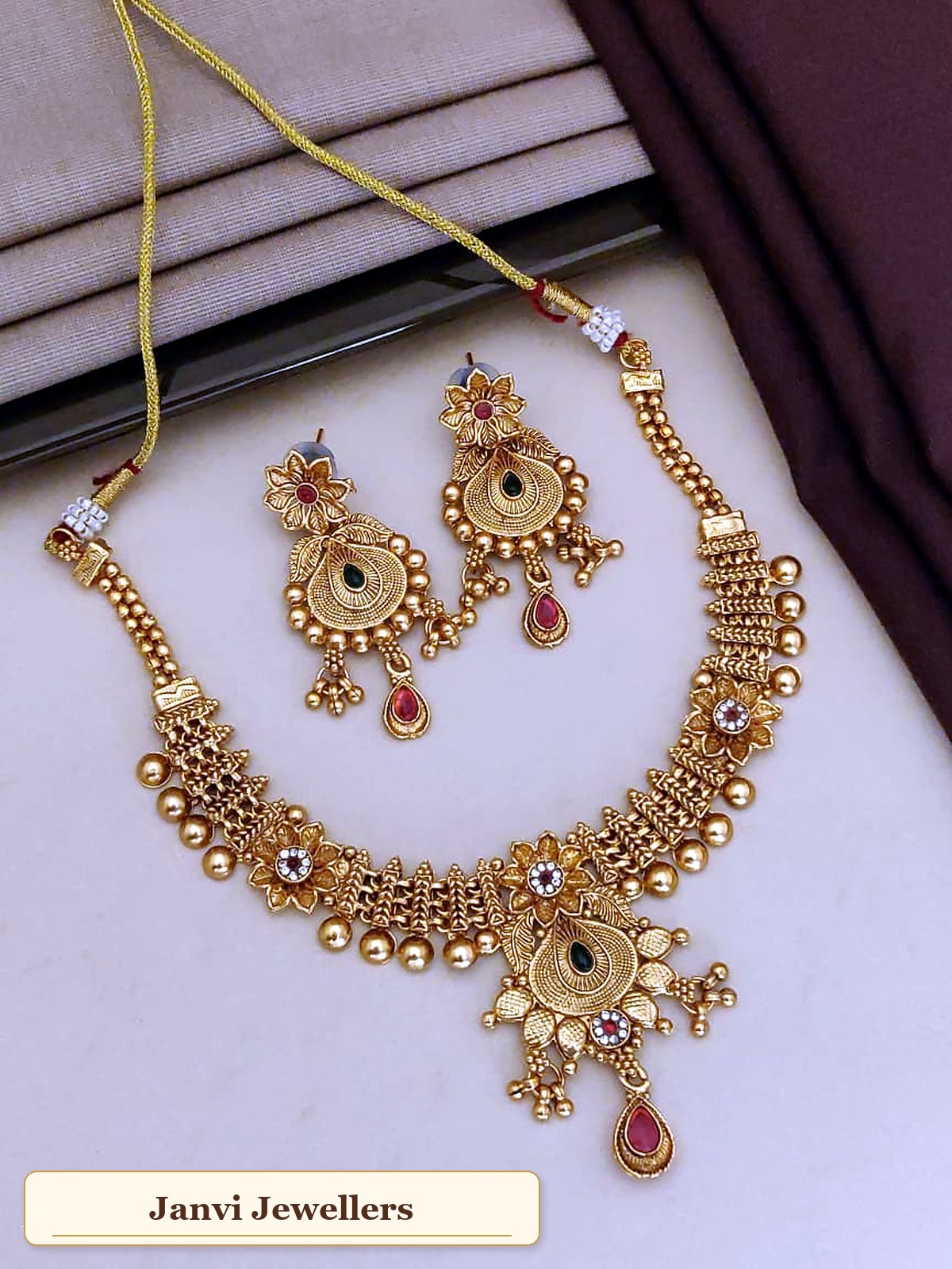 Antique Gold Finish Short Necklace set with Earrings