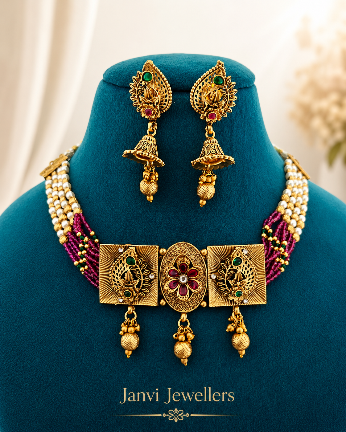High Gold Moti Choker Set with Earrings