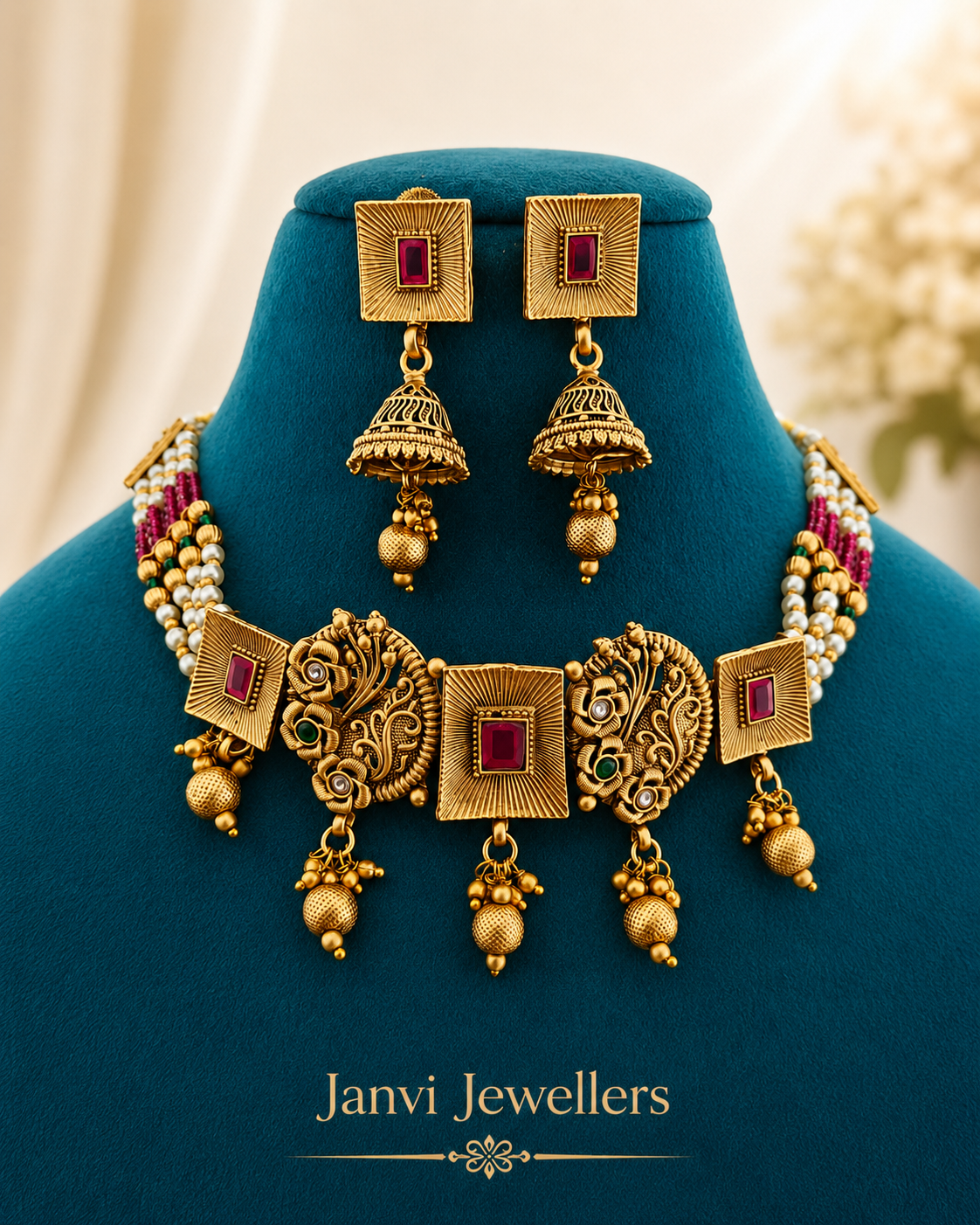 High Gold Moti Choker Set with Earrings