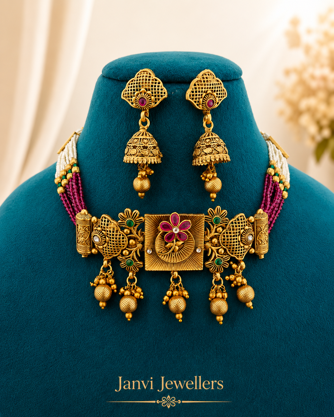 High Gold Moti Choker Set with Earrings