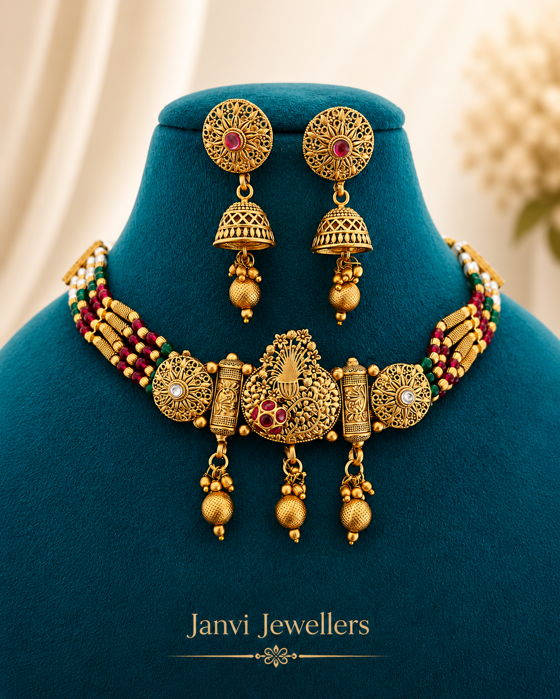 High Gold Moti Choker Set with Earrings