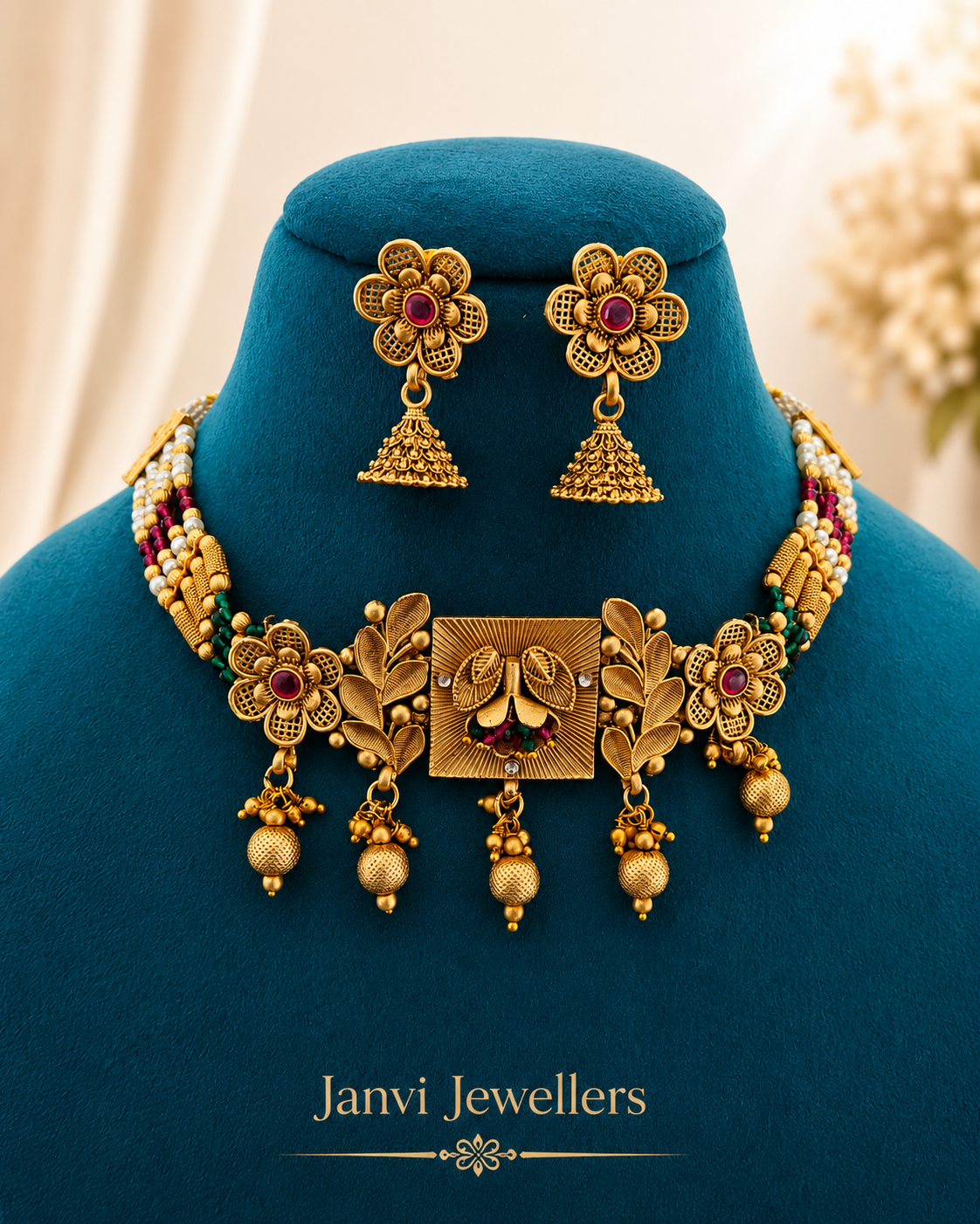 High Gold Moti Choker Set with Earrings