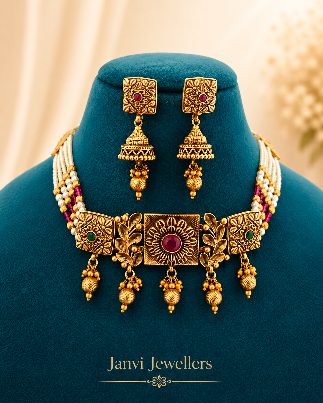 High Gold Moti Choker Set with Earrings