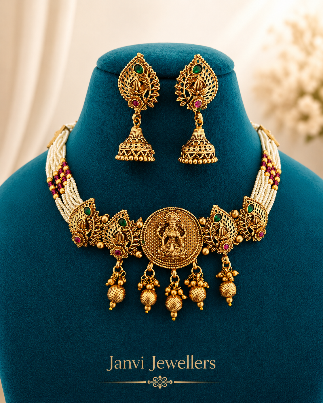 High Gold Moti Choker Set with Earrings
