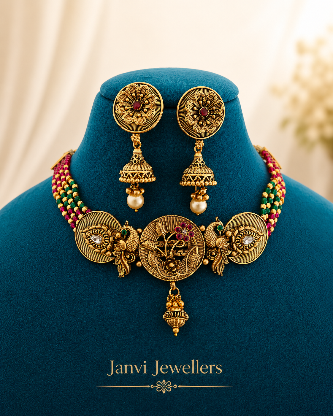 High Gold Moti Choker Set with Earrings