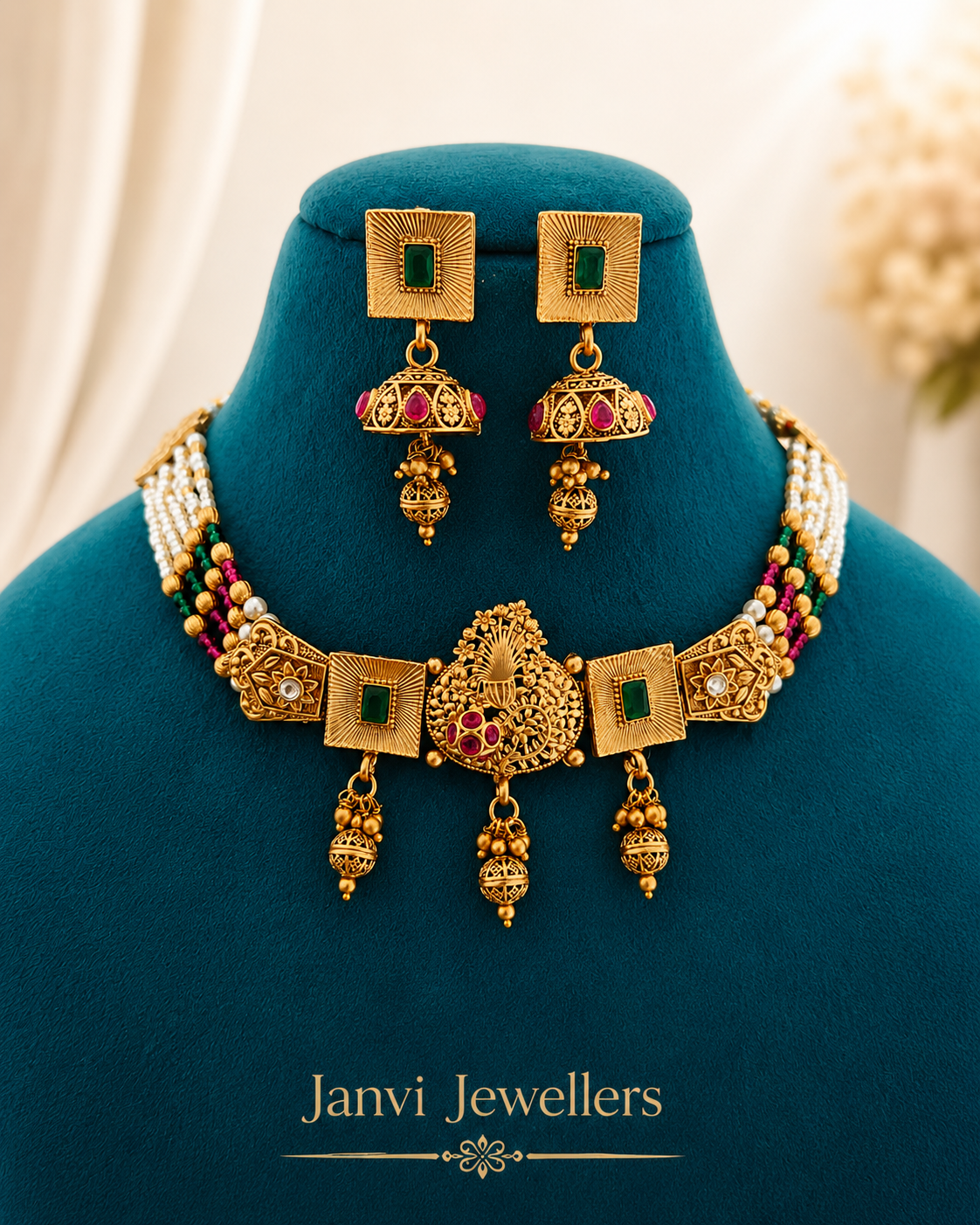 High Gold Moti Choker Set with Earrings