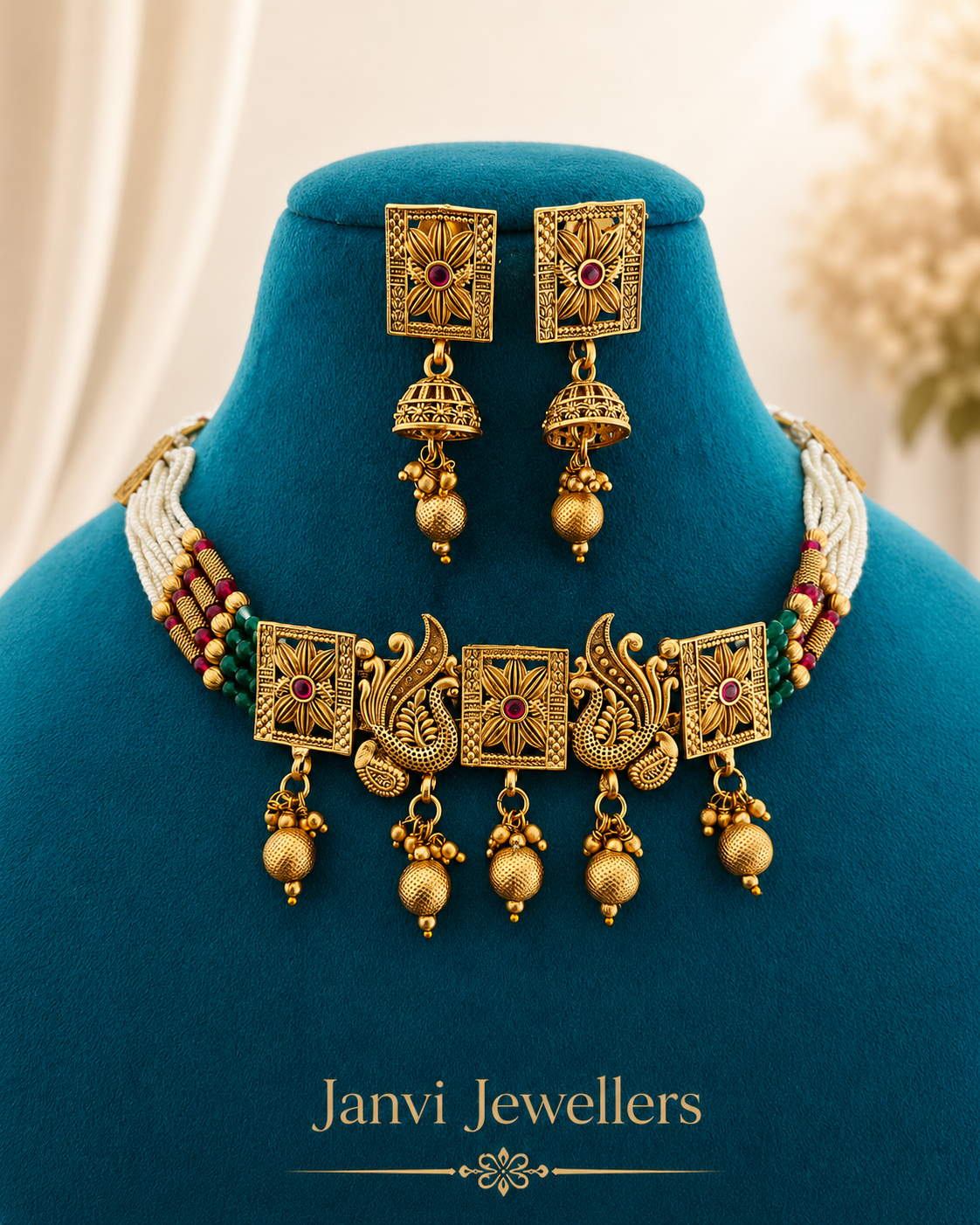 High Gold Moti Choker Set with Earrings