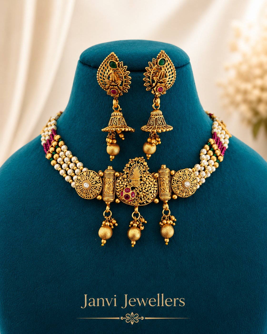 High Gold Moti Choker Set with Earrings